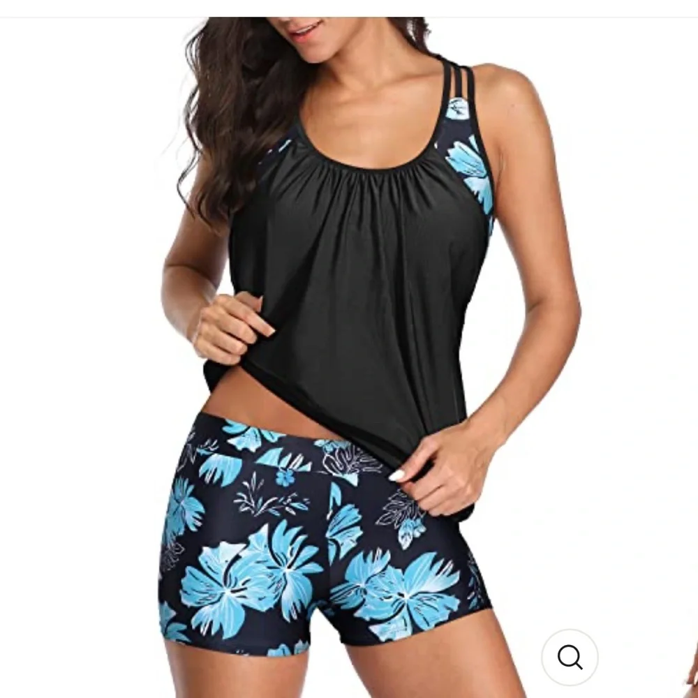 Black Tankini Top with Blue Floral Accent Swim Set for Women